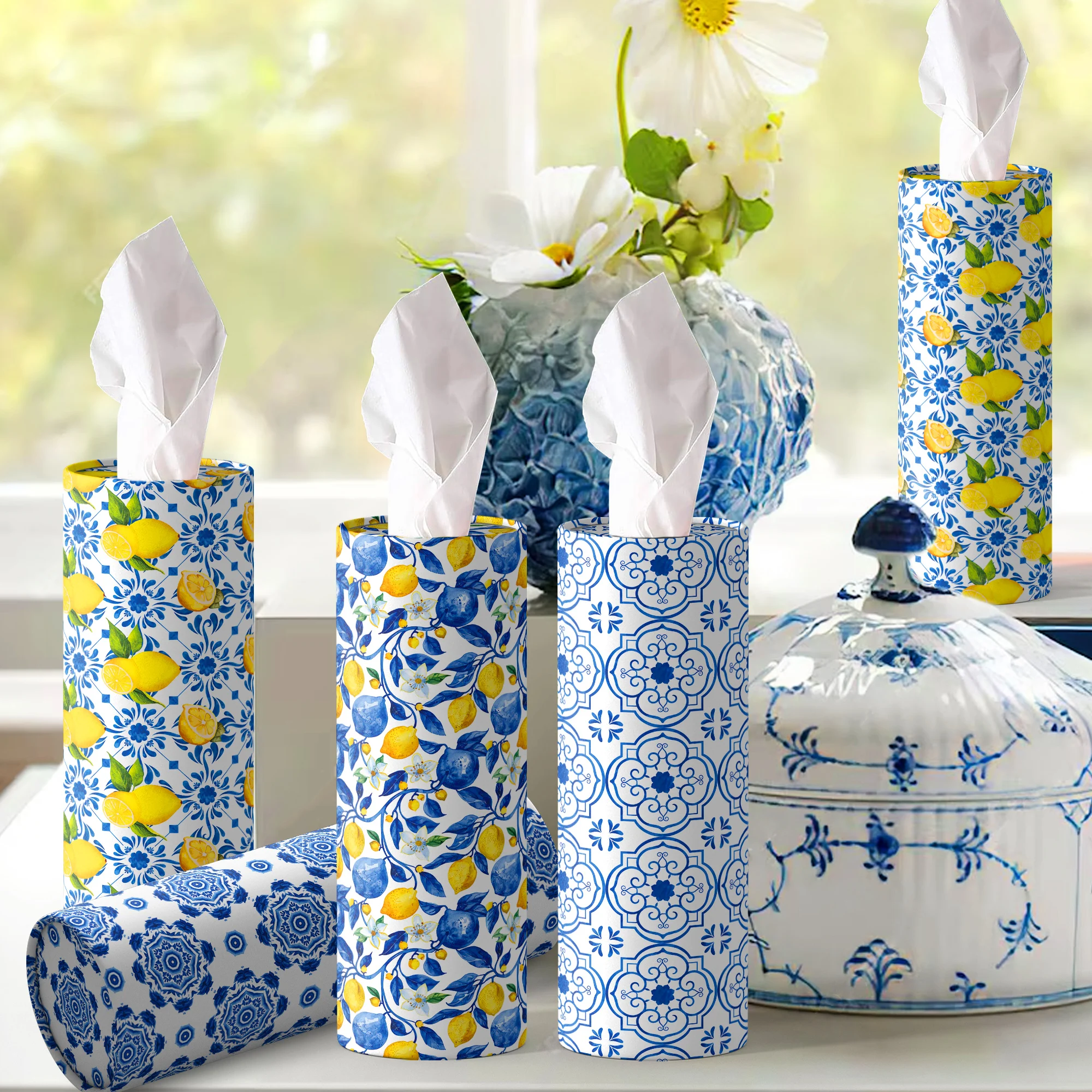 1PC Blue and white porcelain Lemon Car Cylinder Tissue Holder, Car Home Use Holder Tissue Box for Wedding Birthday Party Decor