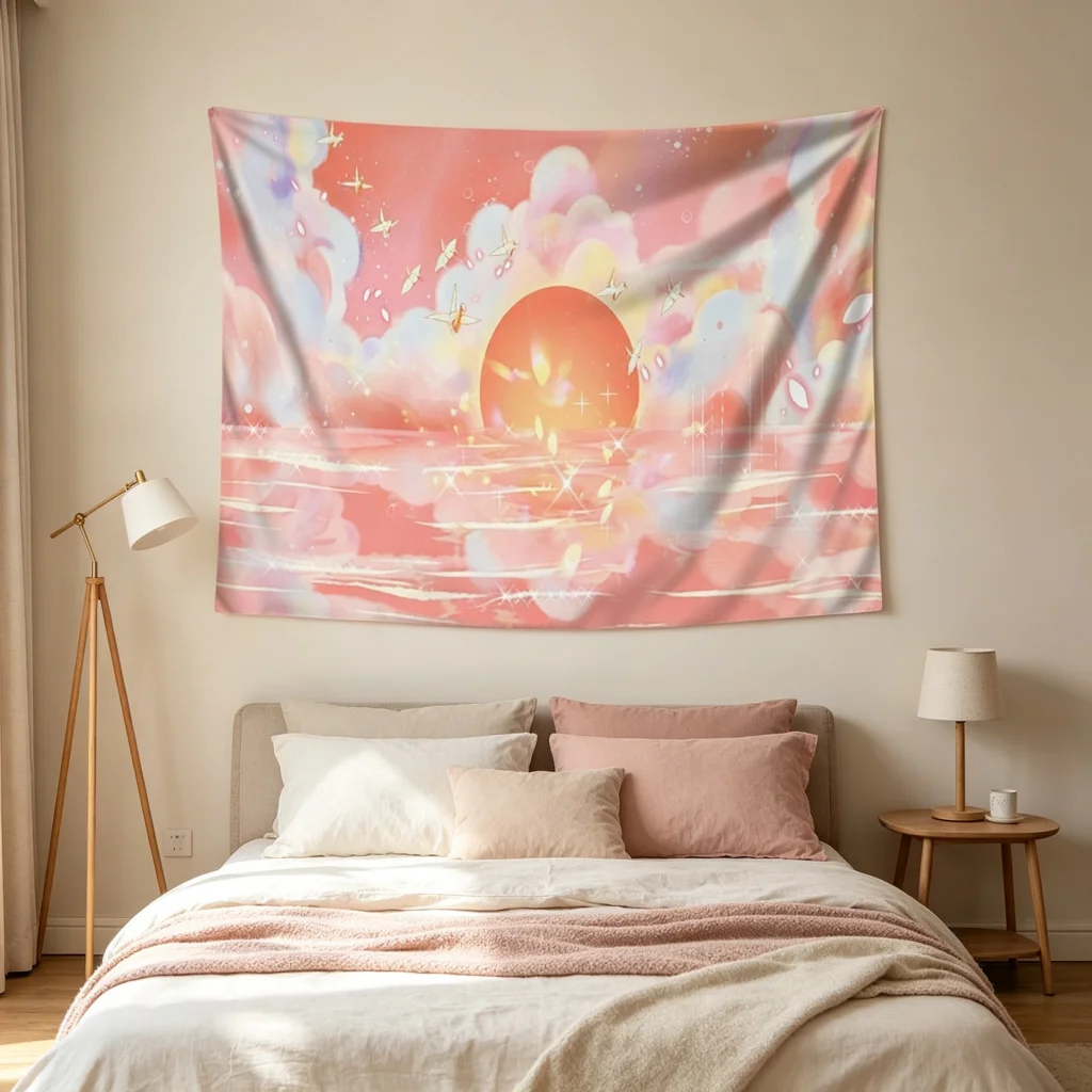1PC Pink Sunset Print Backdrop Banner, Bedroom Living Room Photo Background, Polyester Wall Hanging, Home Decor, Wall Art