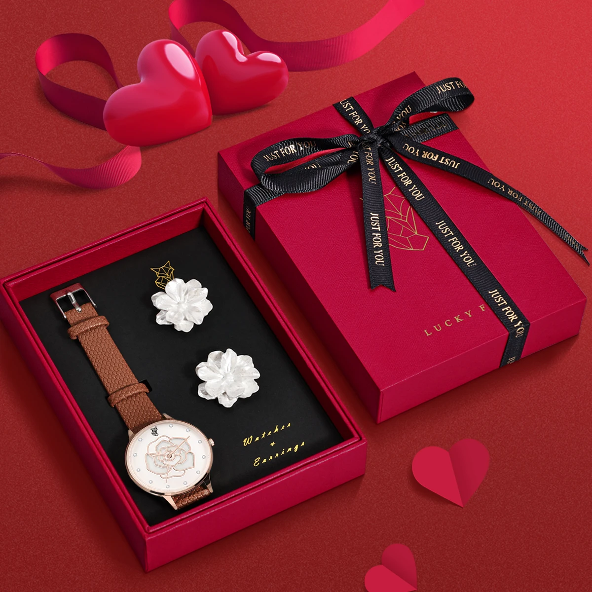 LUCKYFOX-Reloj de cuarzo con correa hueca para mujer, nuevo accesorio de pulsera de lujo con diseño de rosa de alta calidad, 3 piezas, con caja de regalo