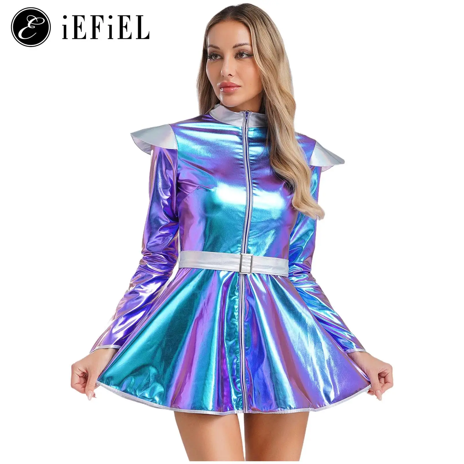 

Woman's Outerspace Astronaut Alien Robot Cosplay Costume Metallic Long Sleeve Zip Up A Line Dance Dress for Theme Club Party