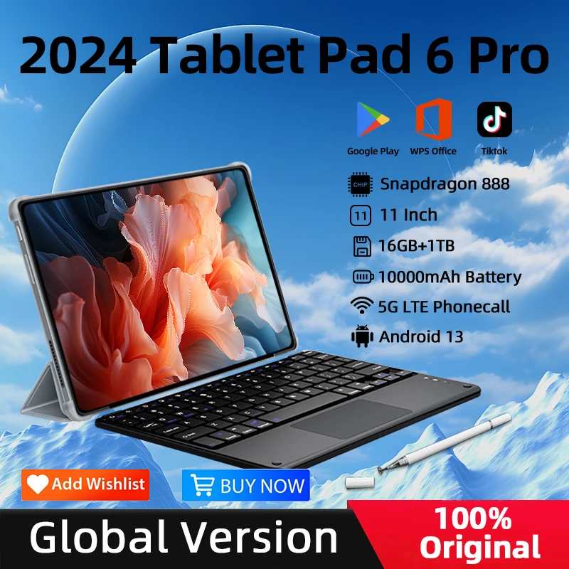 Global Version Android 13 Original Pad 6 Pro Xiao Tablets PC Snapdragon 888 10000mAh 16GB+1024GB 5G Dual Sim Card 4K Screen WIFI