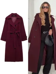 HH Female Autumn Elegant Oversize Burgundy Windbreaker Long Sleeves Lapel Double Breasted With Belt Commute Outerwear Coat