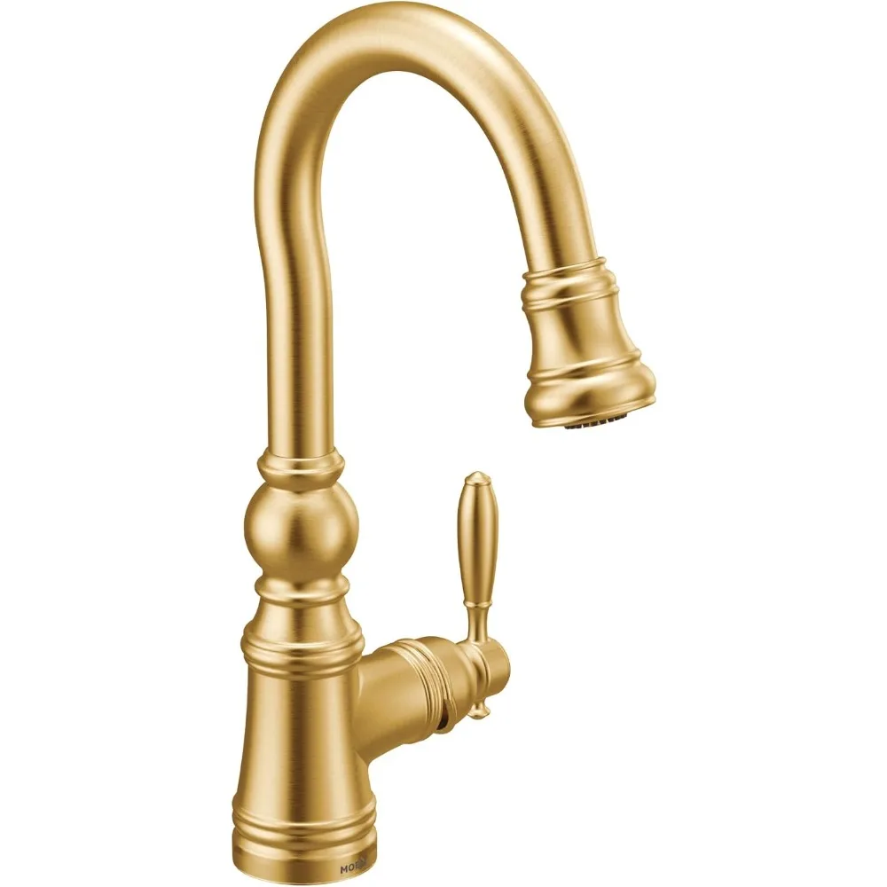 

Moen S53004BG Weymouth Shepherd's Hook Pulldown Kitchen Bar Faucet Featuring Metal Wand with Power Clean, Brushed Gold