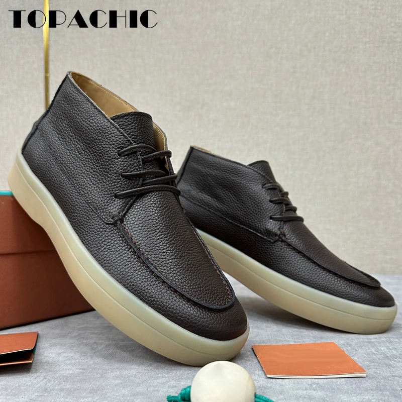 11.18 TOPACHIC Men\'s High-Top Vulcanize Shoes Genuine Leather Soft Rubber Outsole Round Toe Casual Shoes