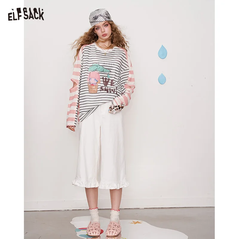 ELFSACK 2025 Summer New Arrival Casual Clash Of Colours Striped Printed Long-Sleeved T-Shirt For Woman