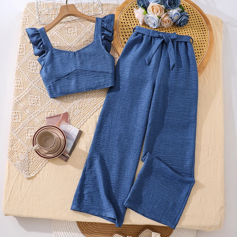 Ensemble 2 pièces tendance pour filles de 8 à 12 ans, haut à bretelles smocké et pantalon large taille haute, tendance et polyvalent pour le quotidien