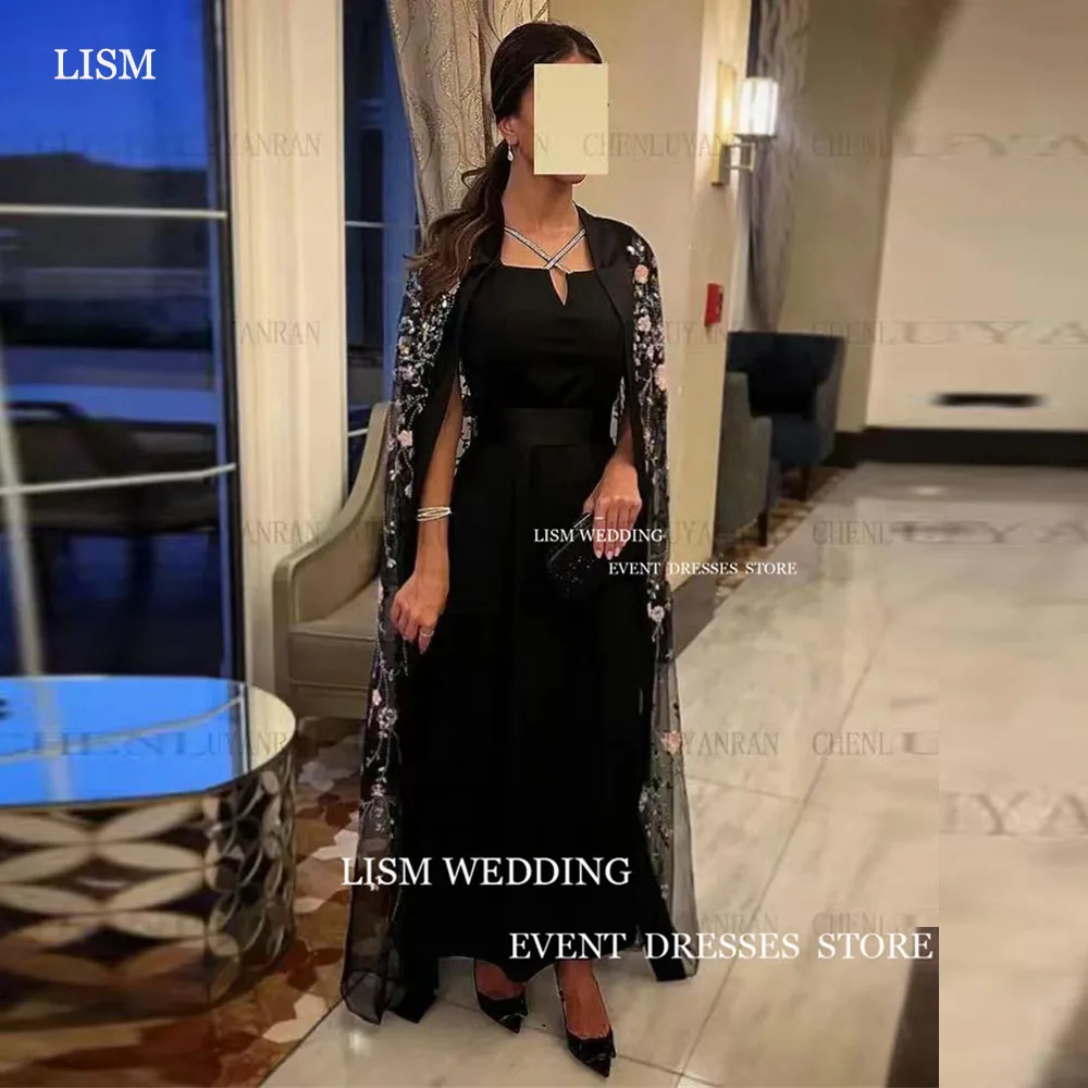 LISM Black Formal Occasion Dresses Bead Applique A-line Party Dress With Cloak Crystal Elegant Evening Gowns فساتين حفلات 2024