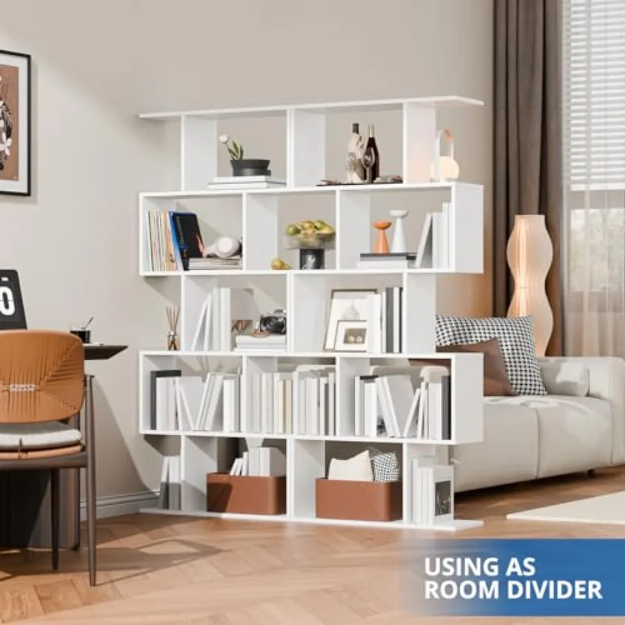Living room office bookshelf set: geometric S-shaped 62 tall abstract bookcase, engineered wood, white, 5-tier display shelf wi view 4