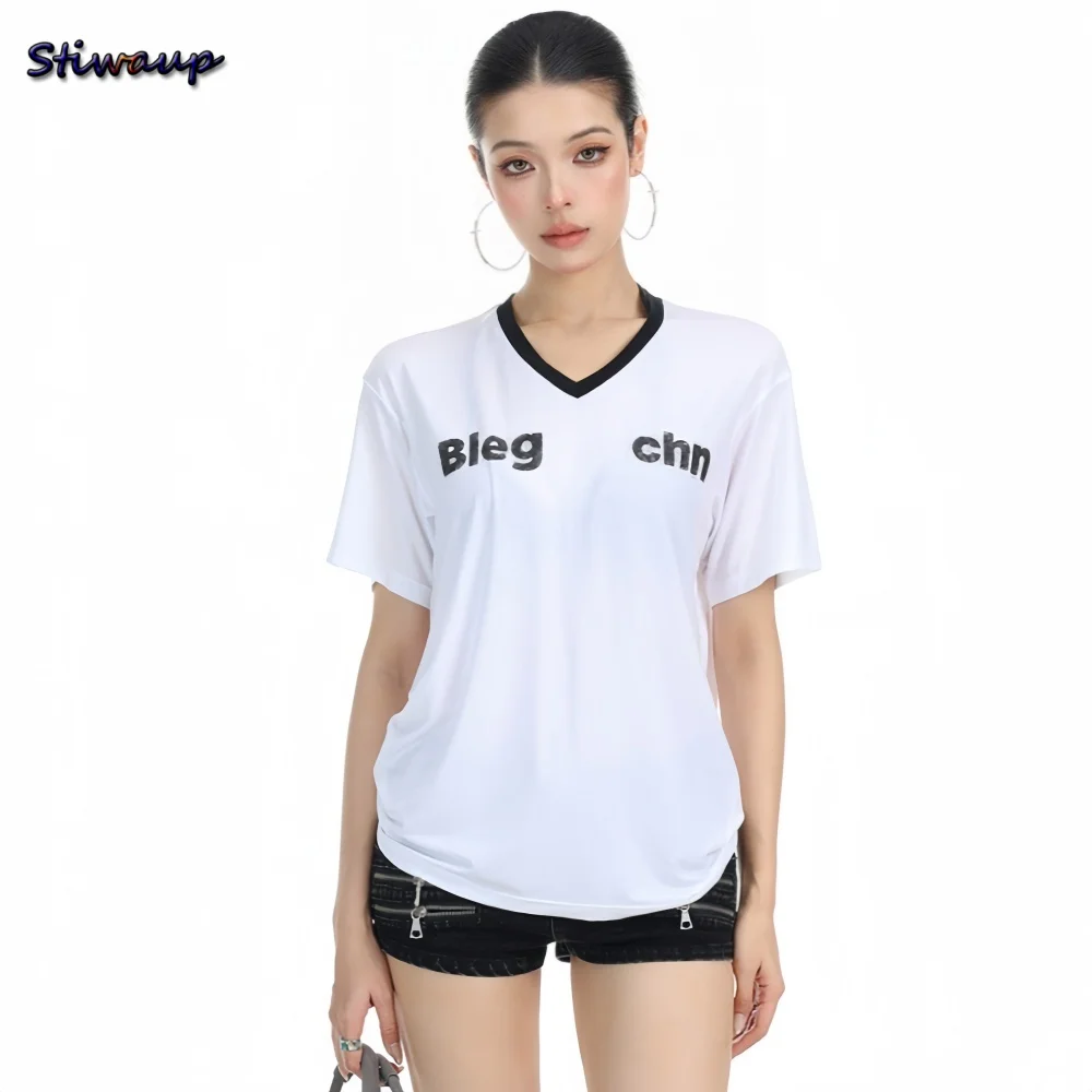 

Женская футболка с V-образным вырезом и буквенным принтом, модная летняя футболка с коротким рукавом, дизайнерская футболка для женщин, белый топ