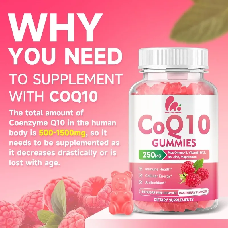 

250mg sugar free Coenzyme Q10 gummies, containing Coenzyme Q10 Omega-3, Vitamin B6 and Zinc, cellular energy antioxidant support