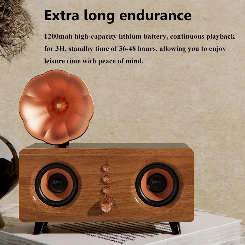 New Mini Portable Retro Wood Bluetooth Speaker Wireless Double Horn Subwoofer Card Computer Desktop Audio Support TF AUX Input