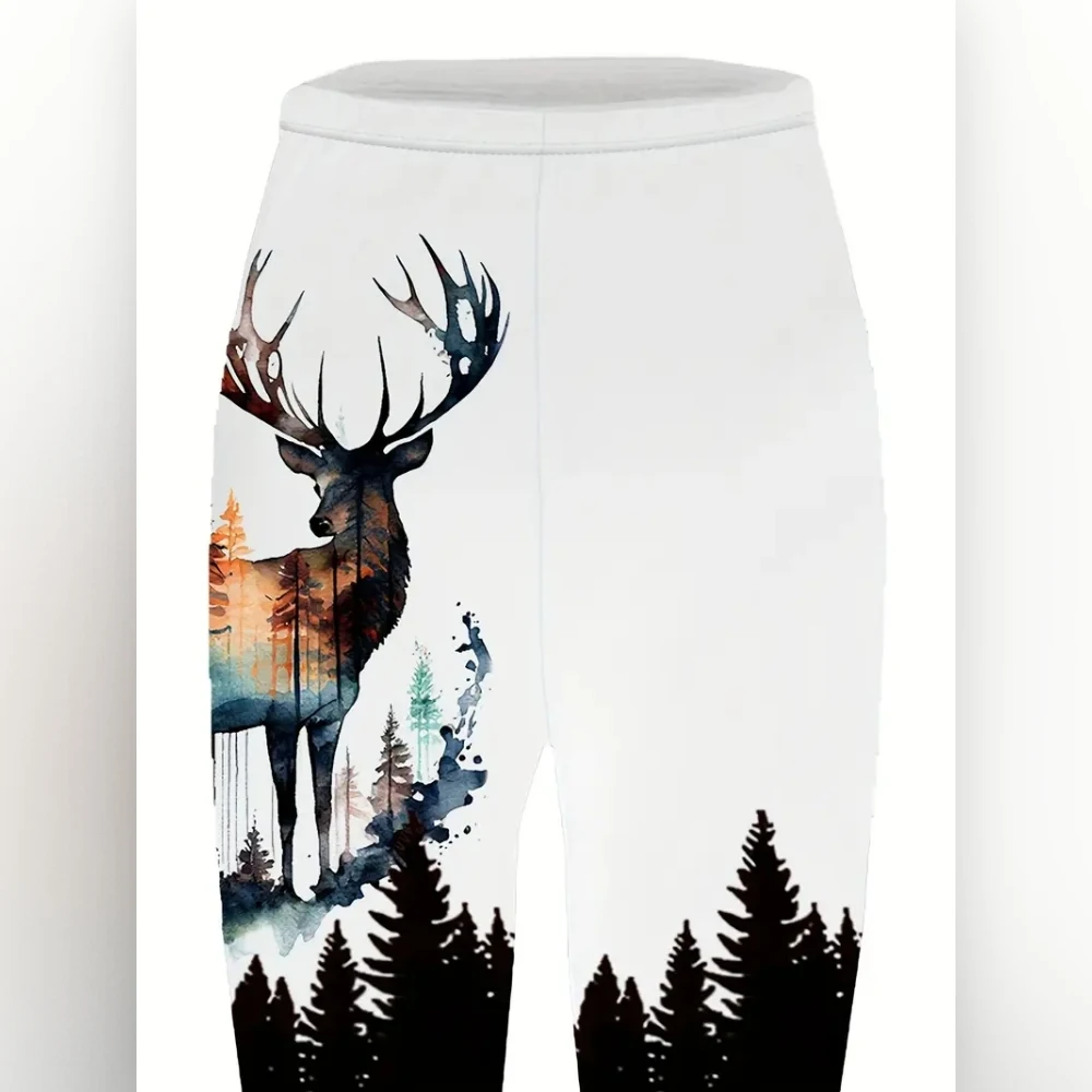 Forest and deer print stretch elastic waist slim casual leggings for women