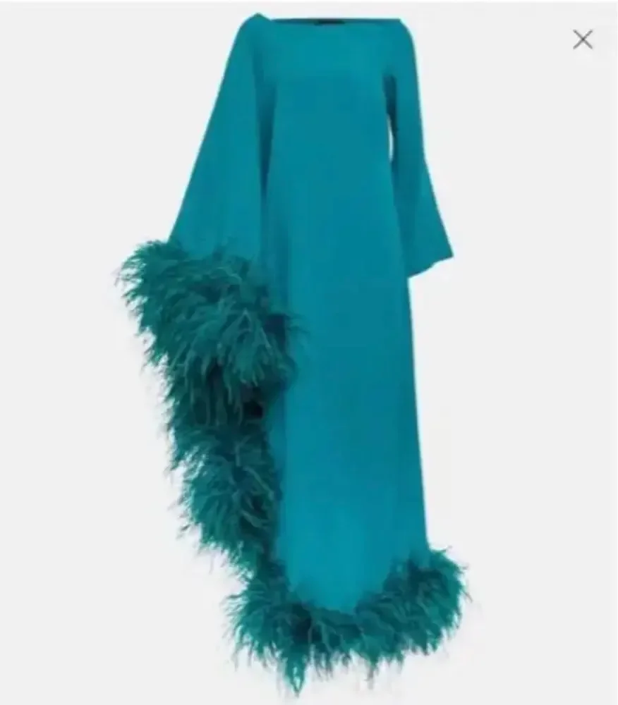 OLOEY-Vestidos de Noche rectos de plumas de lujo para mujer, mangas largas árabes de Dubái, longitud hasta el suelo, vestido Formal para ocasión