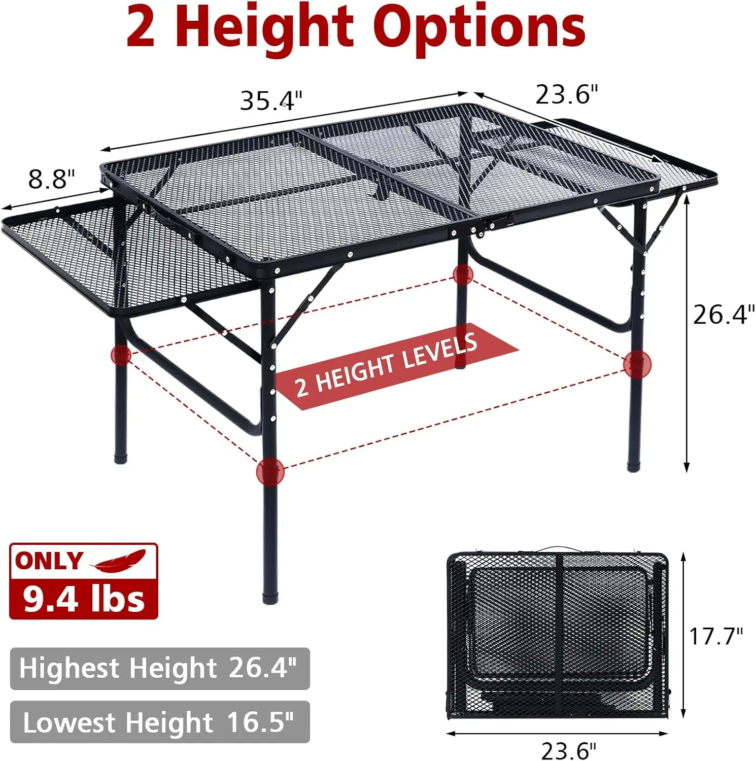 Folding Grill Table, 3Ft Portable Camping Table With 2 Wing Panels, Height Adjustable Metal Table With Cup Holder And 3 Hooks,