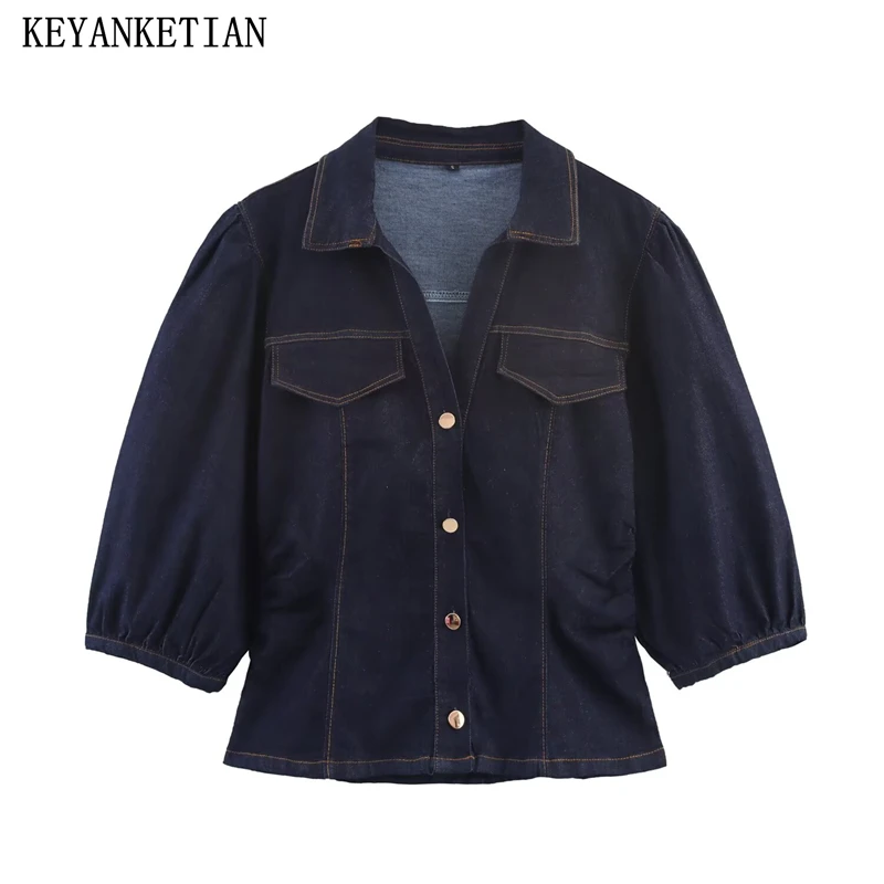 

KEYANKETIAN, новая летняя женская повседневная однобортная облегающая джинсовая рубашка в стиле ретро с лацканами, женский топ