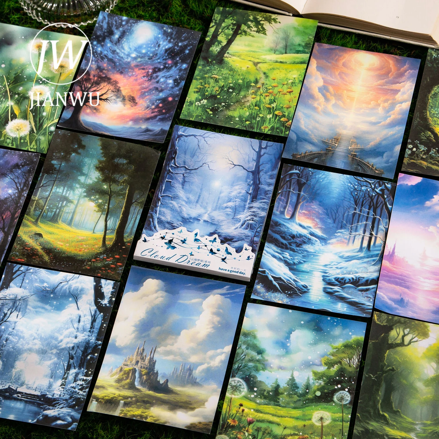 JIANWU 15 Sheets Cloud Dream Series Landscape Special Oil Material Washi Sticker Creative DIY Journal Collage Decor Stationery