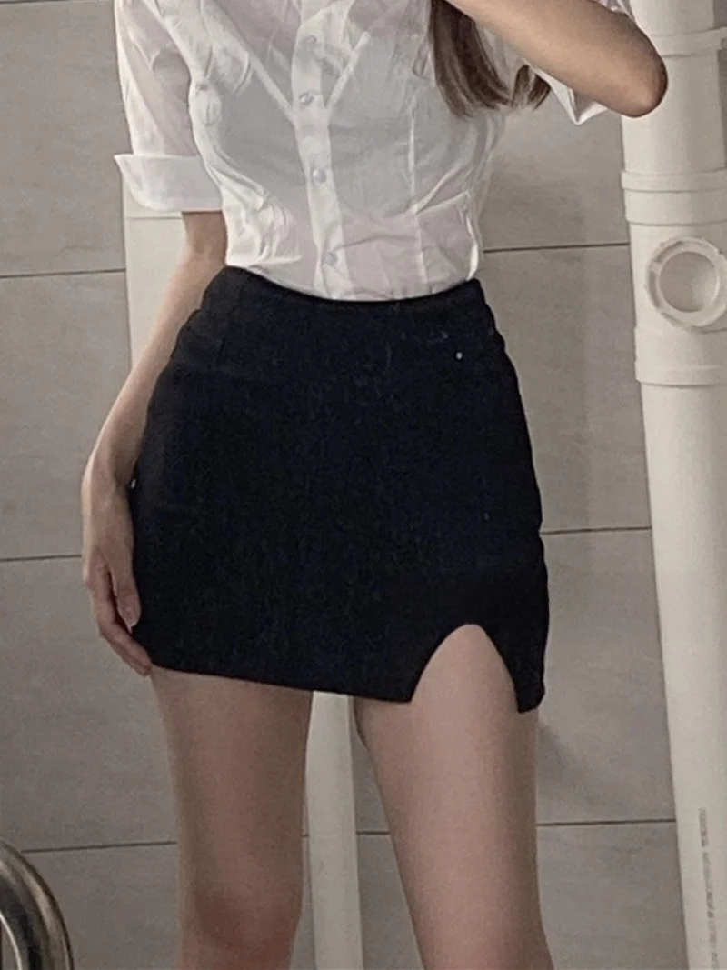 Sexy Slim High Waist  Split Professional Skirt Black Anti-Light with Safety Pants Short Skirt Commute Korean Style Pure C...