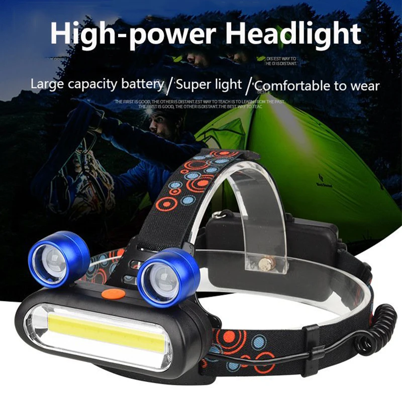 Super Bright 2*XPE + COB LED Headlamp USB Rechargeable Waterproof Headlight with 3 Modes for Camping Hiking Fishing