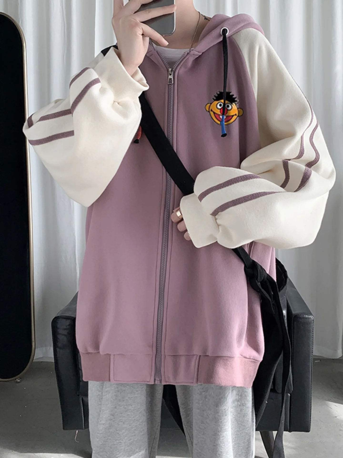 

Color Block Men's Open Cardigan Sweatshirt Casual American Style Spring Autumn Loose Fit Hoodie Sporty Top Youth Trend