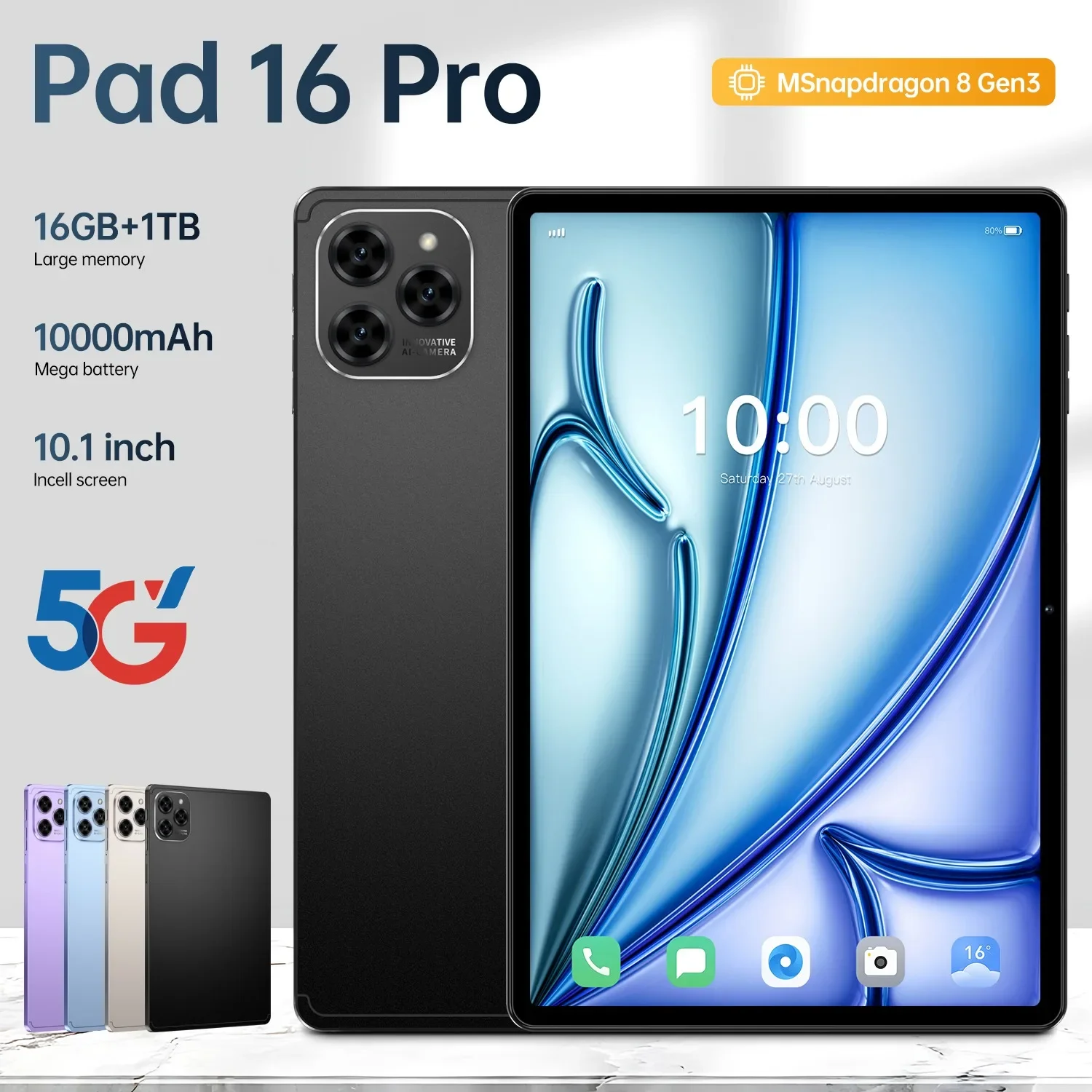 

New Pad 16 Pro 10.1 inch HD Android 15 tablet Snapdragon 8th generation 3 core 16GB+1TB storage 5G dual SIM 10000mAh battery