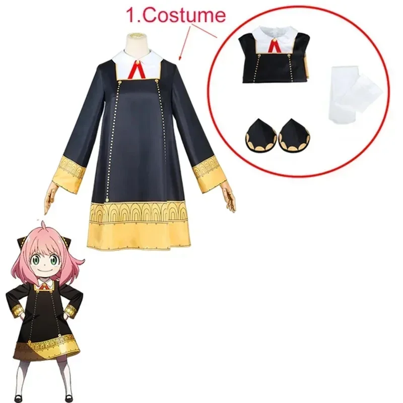 Disfraz de Cosplay de Anime Spy X Family Anya Forger, peluca Anya Forger, ropa para adultos y niños, incluye calcetines, tocado de cuerno, trajes de Halloween