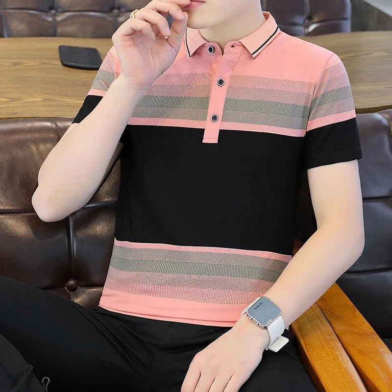 Casual 2023 Summer Men's Cotton Polos Shirts Classic Business Short Sleeve Punk Striped Polo Outwear Slim Fit Tops Tees Clothing