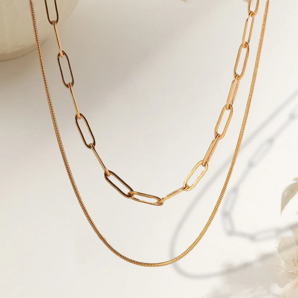European American Fashion Double Layer Stacked Paperclip Choker Necklace, Simple Retro Geometric Clavicle Chain for Women
