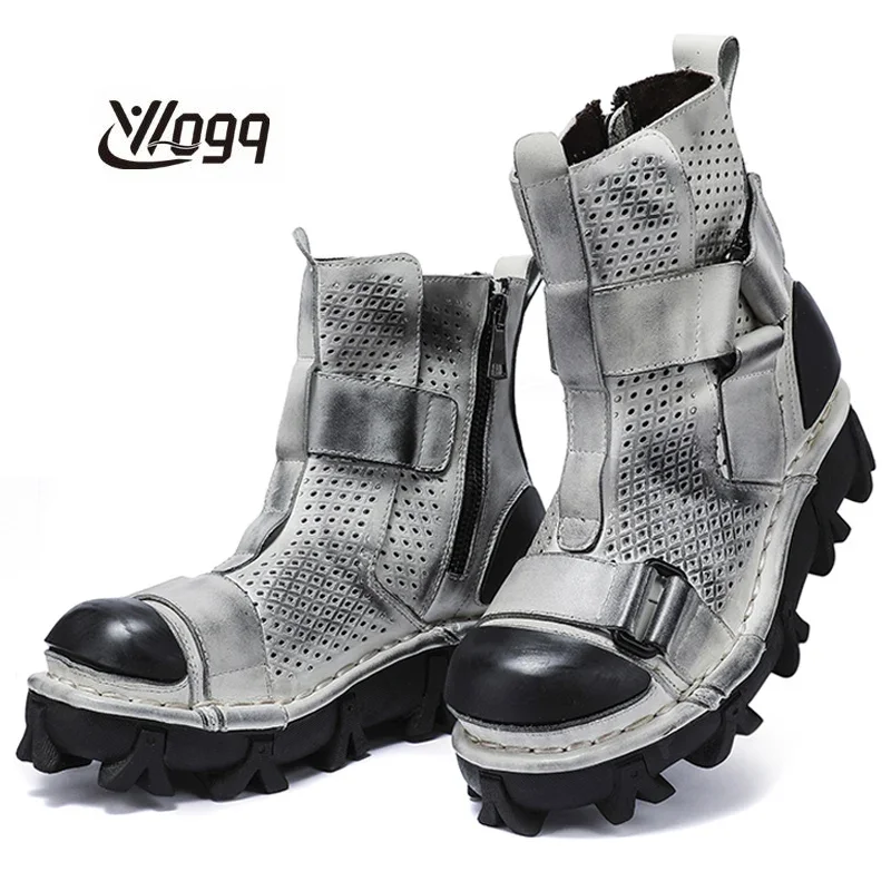 Fashion Men's Genuine Leather Motorcycle Boots Skull Gothic Punk Boots Hollow out Mid-calf Western Cowboy Boots