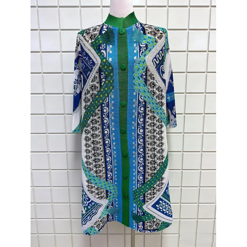 ミヤケ ニッチ ハイエンド ファッション コントラスト ラペル シングルブレスト プリント プリーツ ドレス レディース ルーズ ドレープ ロングスカート 2025 新作