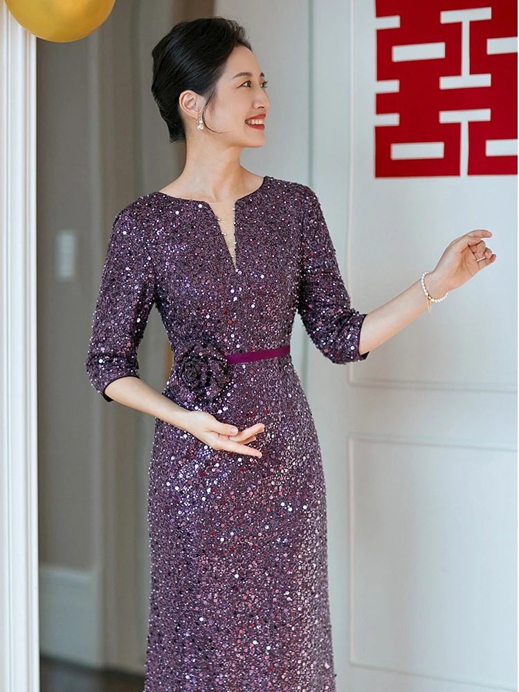 Shiny Sequin Wedding Party Dresses 2023 Elegant Ankle-Length Purple Mother Of The Groom Dresses With Sleeves