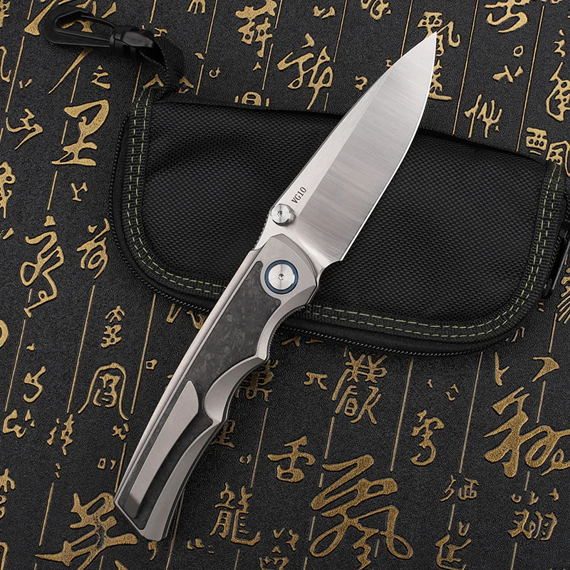 VG10 steel blade titanium alloy+carbon fiber handle folding knife outdoor self-defense camping survival portable tool knife