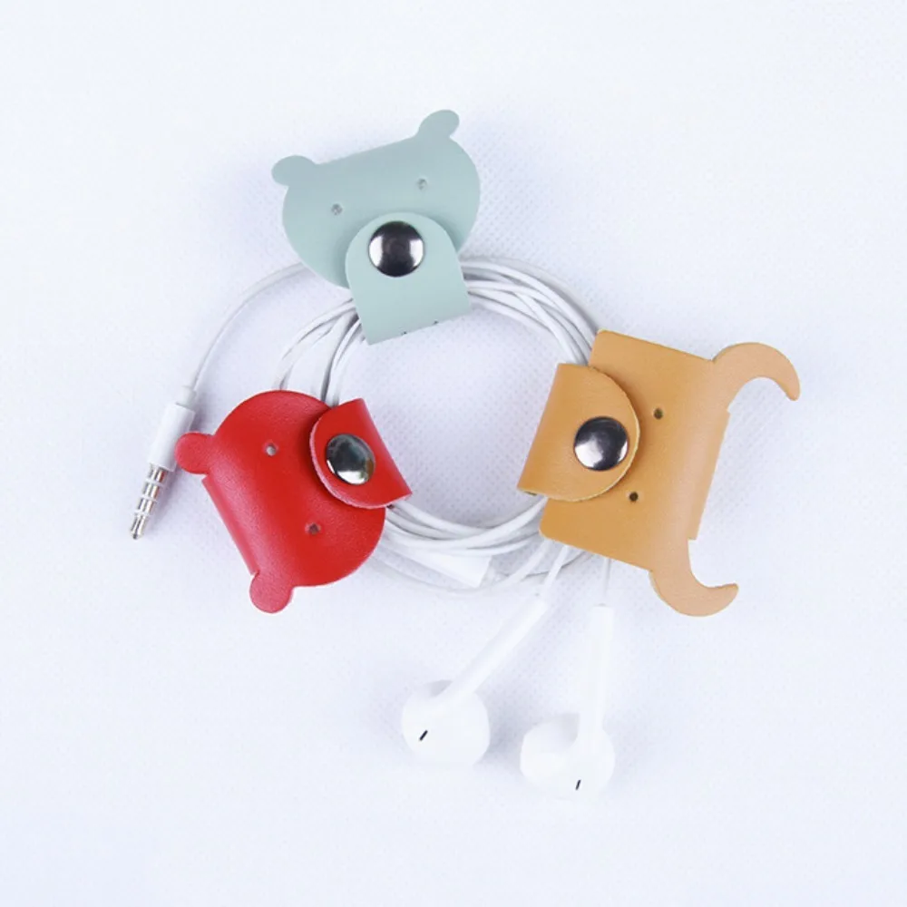 Earphone Cord Organizer Cute Animal Leather Cable Winder Cable Protector Clip Anti Winding Anti Loss Cartoon Necklace Organizer