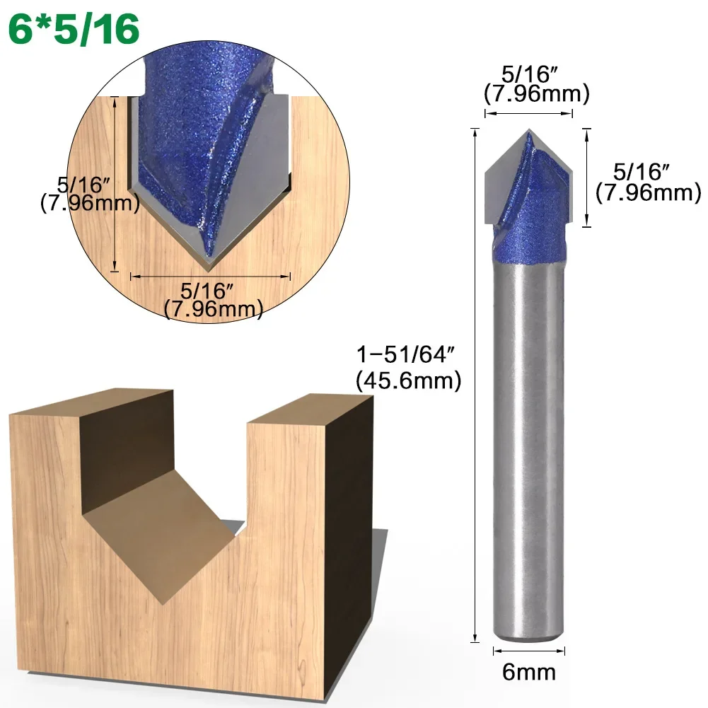 Fresa de vástago de 6MM, broca con ranura en V de 90 grados, 1/4 ", 5/16", 3/8", 1/2 ", fresa de carburo sólida para carpintería, 1 ud.