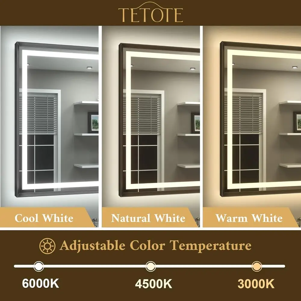 Miroir de courtoisie LED à cadre noir brossé antibuée 30 x 30 avec éclairage avant et arrière, 3 températures de couleur, salle de bain murale