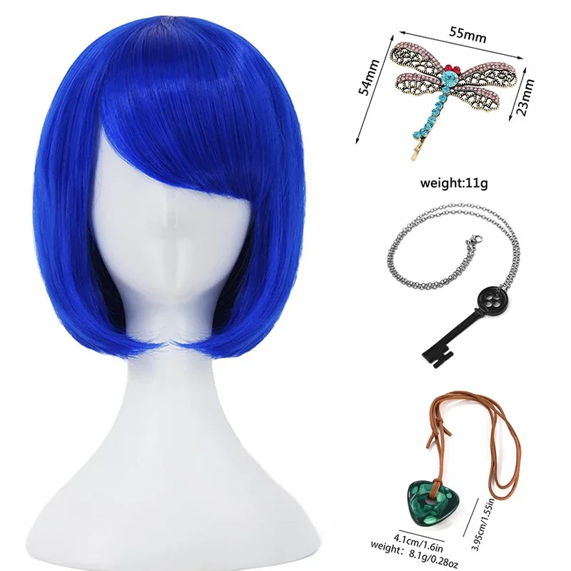Blue Bob Wigs for Cosplay Cora Accessories Necklaces Pin Halloween Costume Party Wigs Synthetic Hair