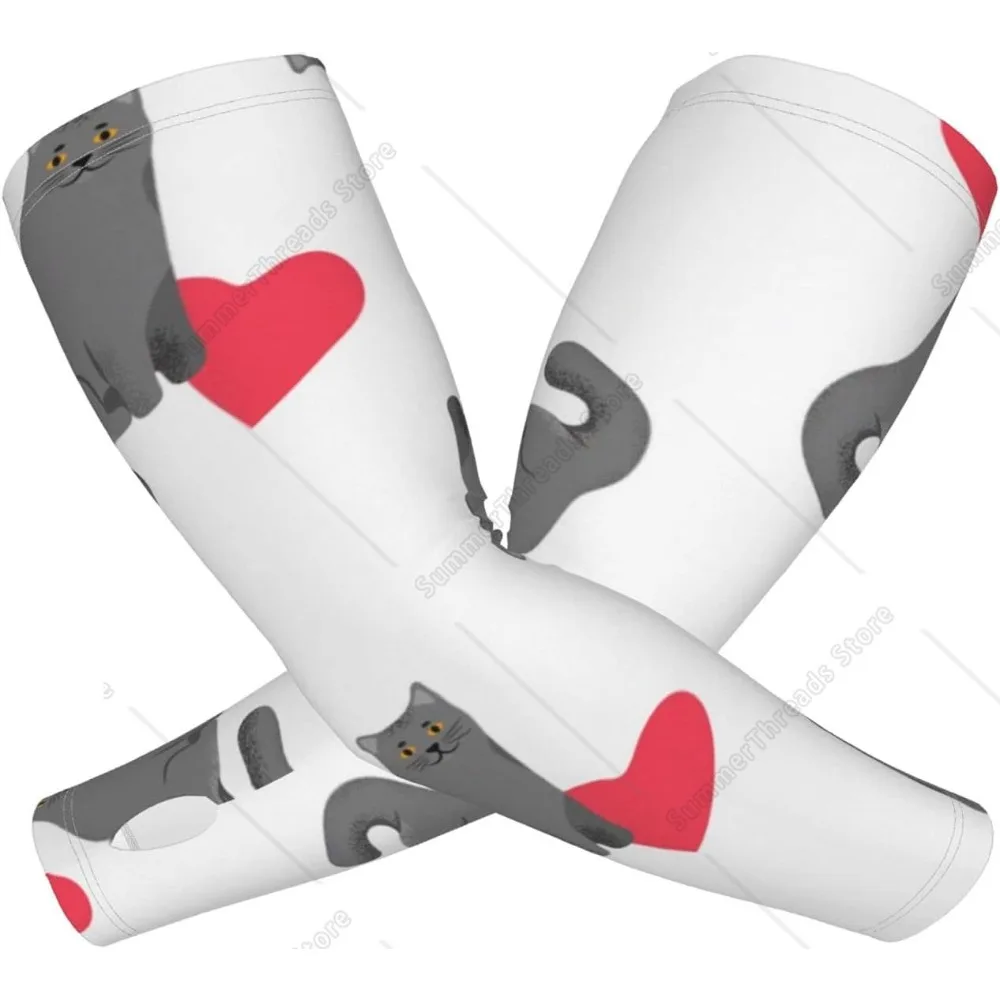Funda de brazo con fondo blanco de gato y corazón, manga larga de hielo para dedos de verano, sin protección solar, absorción del sudor, agua, secado rápido