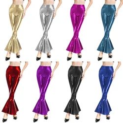 Sexy PU Leather Metallic Pants Shiny Flare Pants Clubwear Stage Performance Women Bodycon Elastic Waist Bell Bottom Trousers