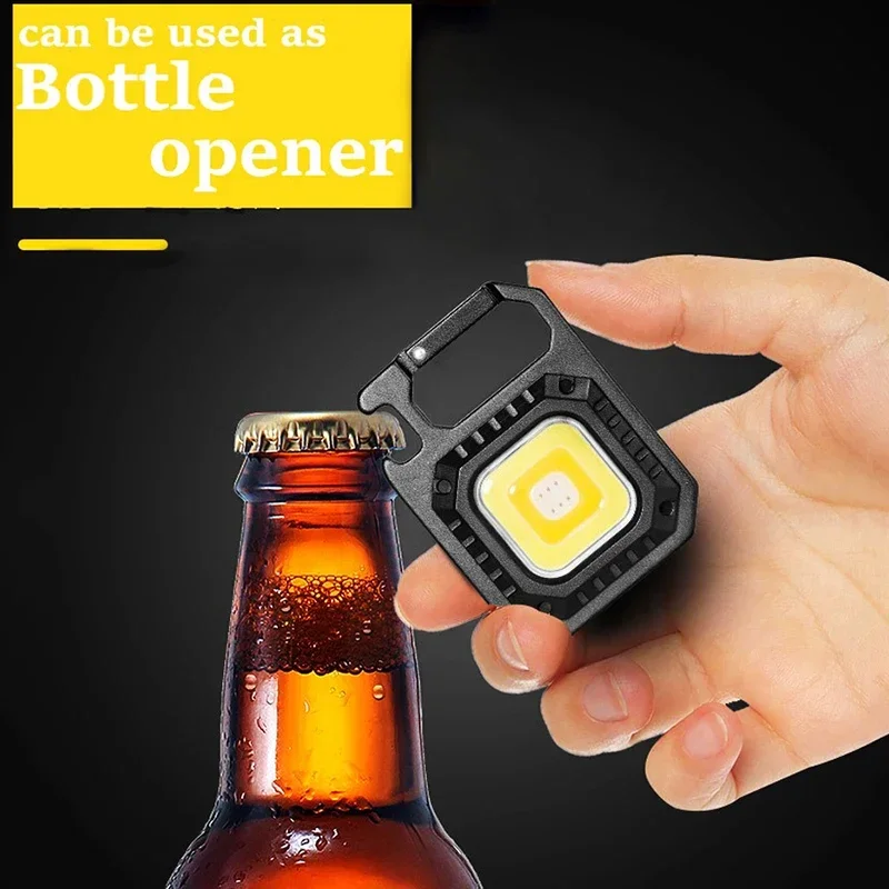 Mini COB Work Light Keychain Rechargeable 800 Lumens Seven Light Modes Super Bright Waterproof Led Flashlight with Bottle Opener