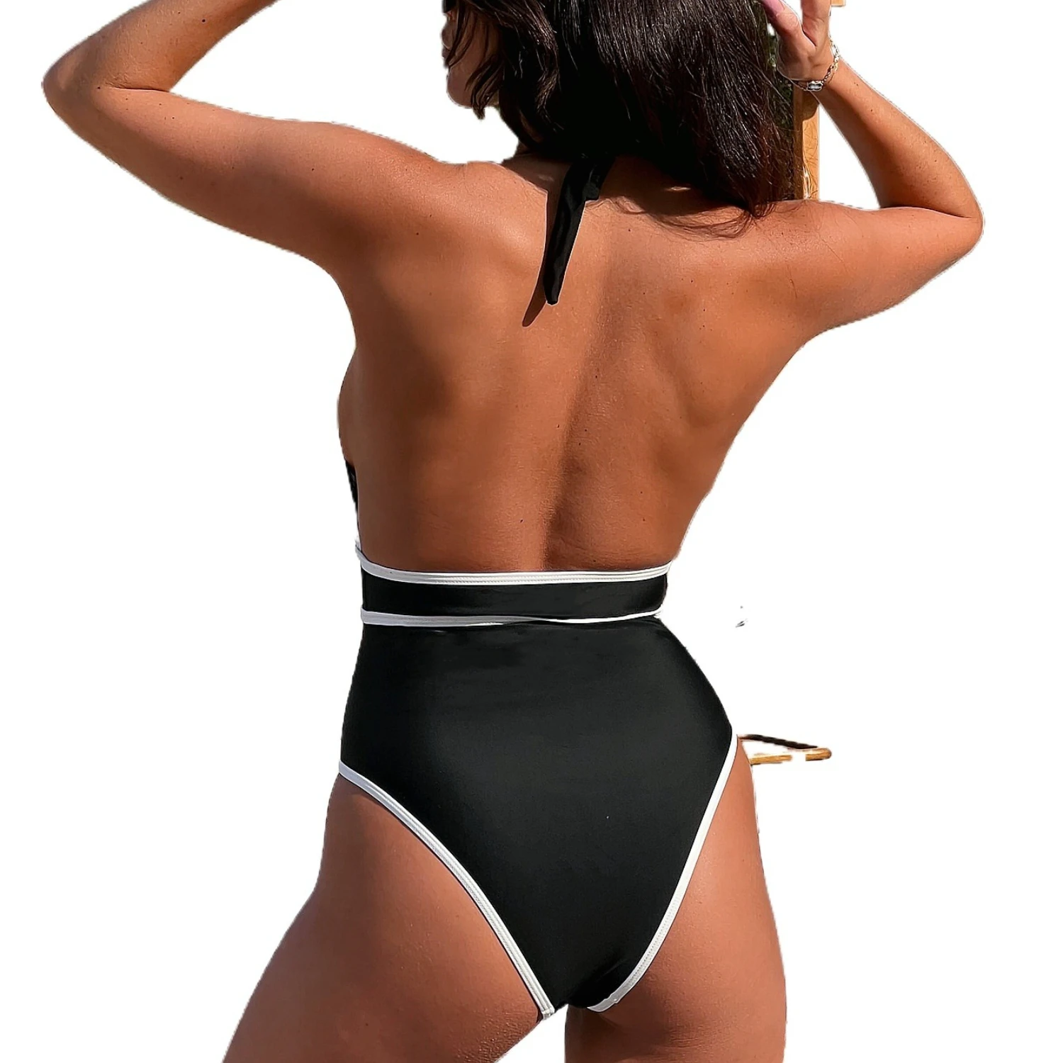 Customized LOGO women's new bikini bikini white and black contrasting color hollow strap one-piece swimsuit