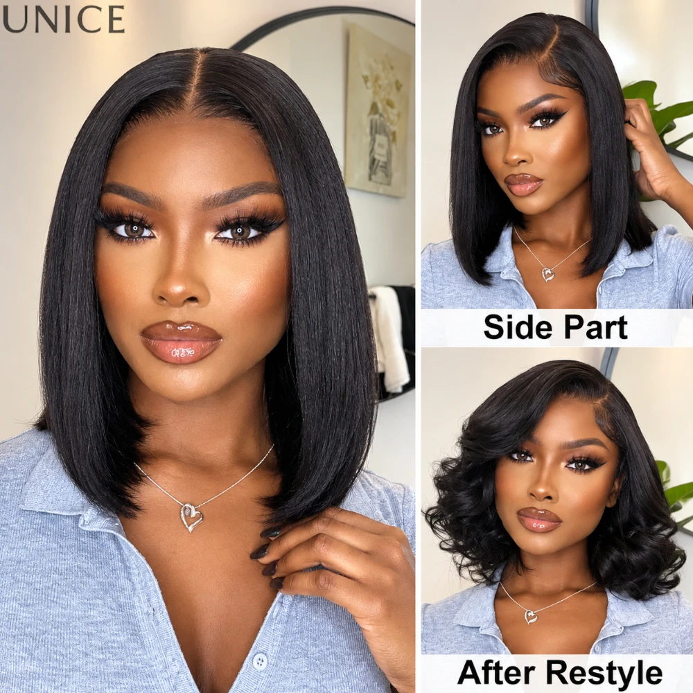 UNICE Pre Layered Yaki Straight Human Hair Bob Wig With Drawstring Pre Cut 7x5 Lace Glueless Wig Ready To Wear 180% Density