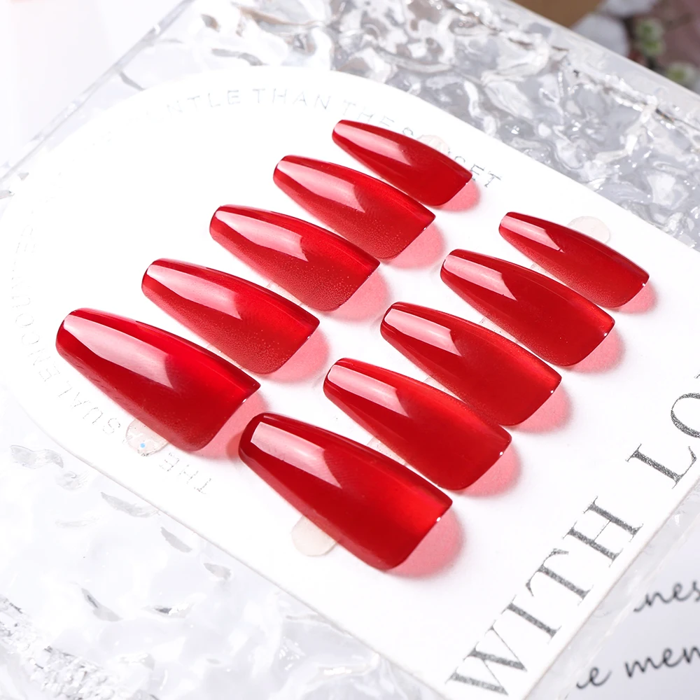 24pcs Pomegranate Red Cat Eyes Press On Nails Pink Glitter Ballet Full Cover Fake Nails Snowflake Short Square Wearable Nail Tip