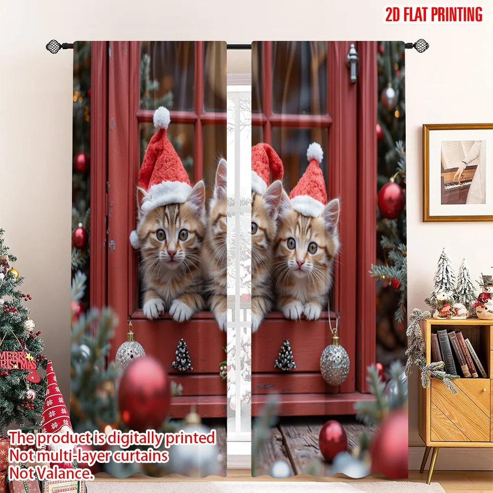 

2pcs 2D flat printing Christmas Curtains Cute Christmas Kittens Holiday Joy Polyester Fabric Without Electricity Birthday Party