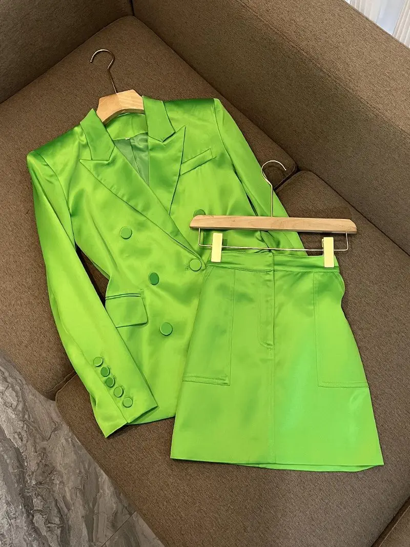

Ladies Chic Blazer Suit Noted double breasted Jacket Coat Top+ Skirt Two Piece Set Matching Outfit Female Fashion Party Clothing