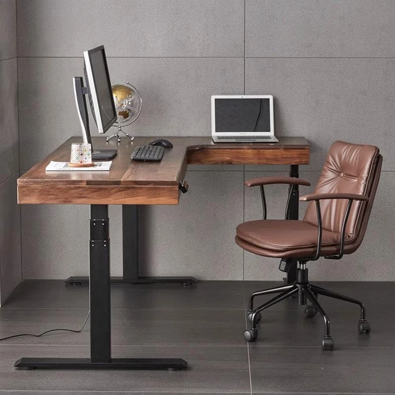 Corner desk All solid wood electric lifting table Corner computer table, simple Japanese log black walnut desk