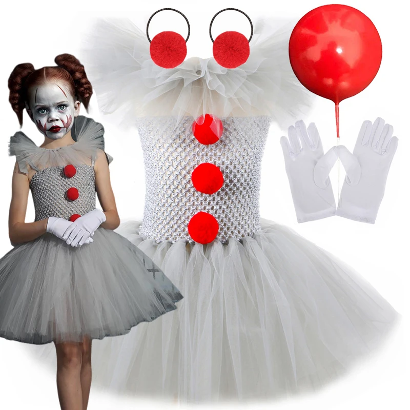 

Halloween Girls Cosplay Gray Joker Costume Tutu Dress Creepy Clown Kids Carnival Party Clothes Children Tulle Fancy Party Dress