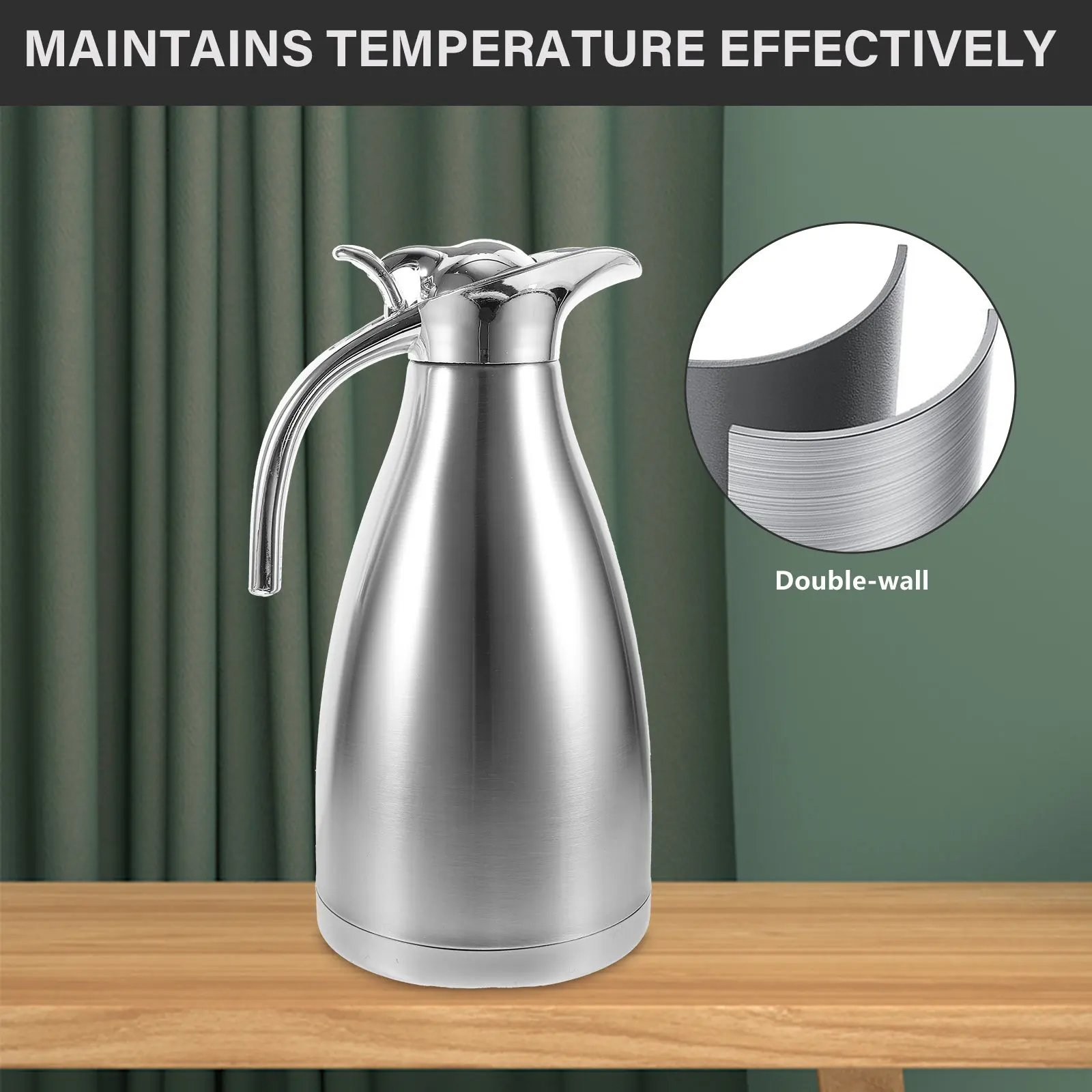 Stainless Steel Insulated Bottle Silver 2.0L Double Layer Thermal Kettle Large Capacity Vacuum Pot for Home Office Travel
