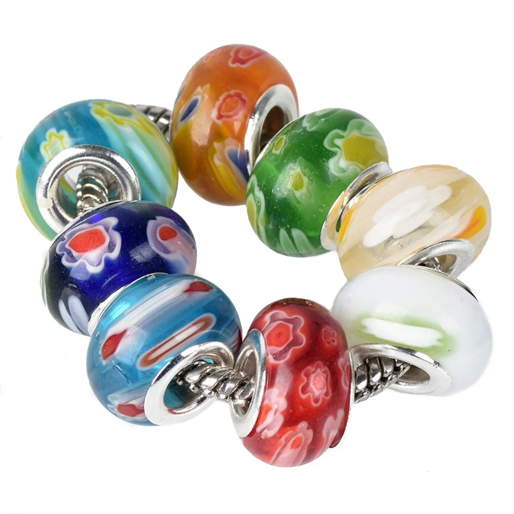 10pcs Random Mixed 14x9mm Round Millefiori Lampwork Glass Big Hole Beads for Jewelry Making European Charms Bracelet DIY