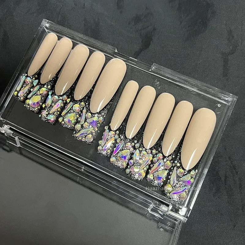 

5CM Long Custom Handmade French Style Press On Nails Luxury Bling Rhinestone Full Cover False Nail Acrylic Fake Nail Stickers