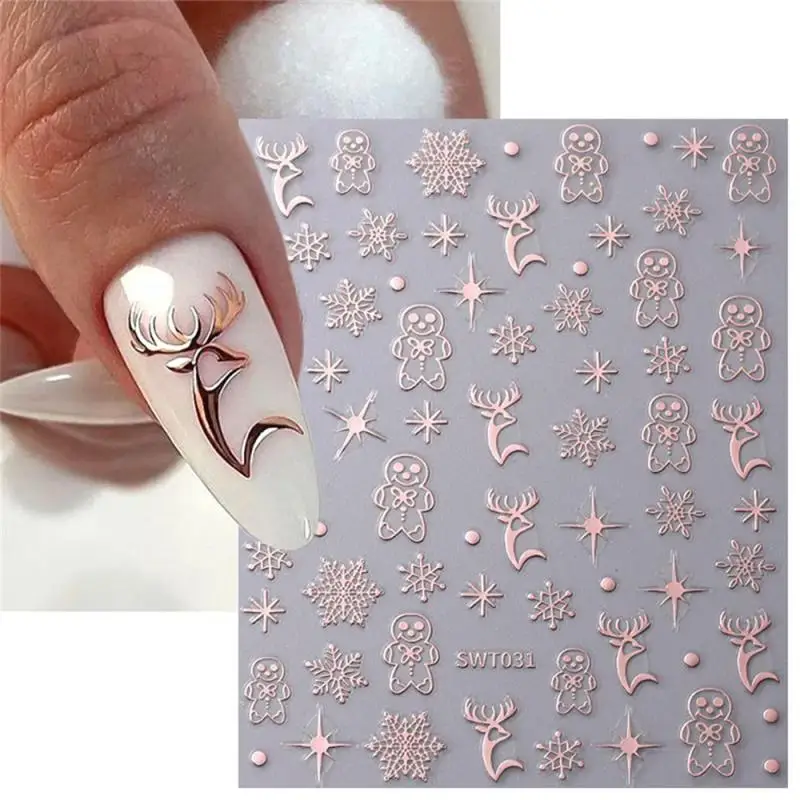 Rose Gold Christmas Nail Art Stickers Metallic Elk Snowflake Cookie Man Stars Geometric Lines Winter Xmas New Year Decoration