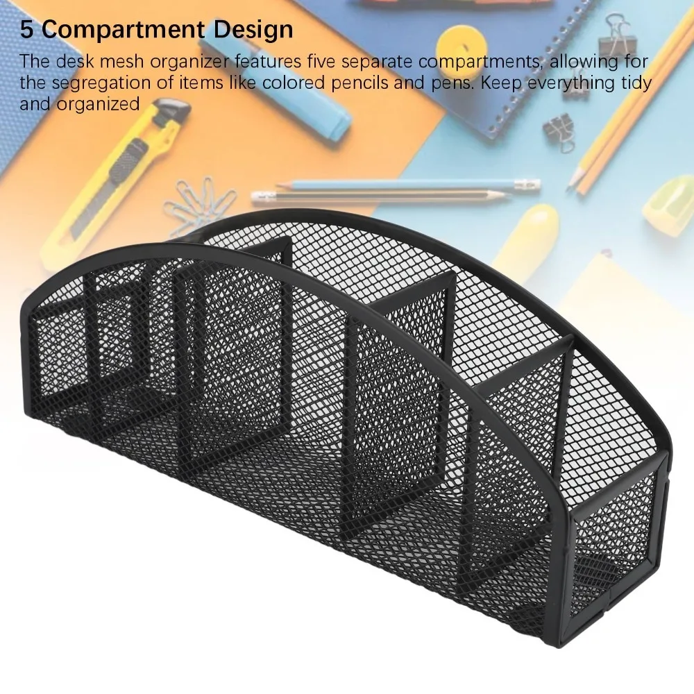 Countertop Holder Black Metal Pen Holder Mesh Curved 5 Compartment Storage Box Metal 5 Grid Desk Organizer Desk Accessories